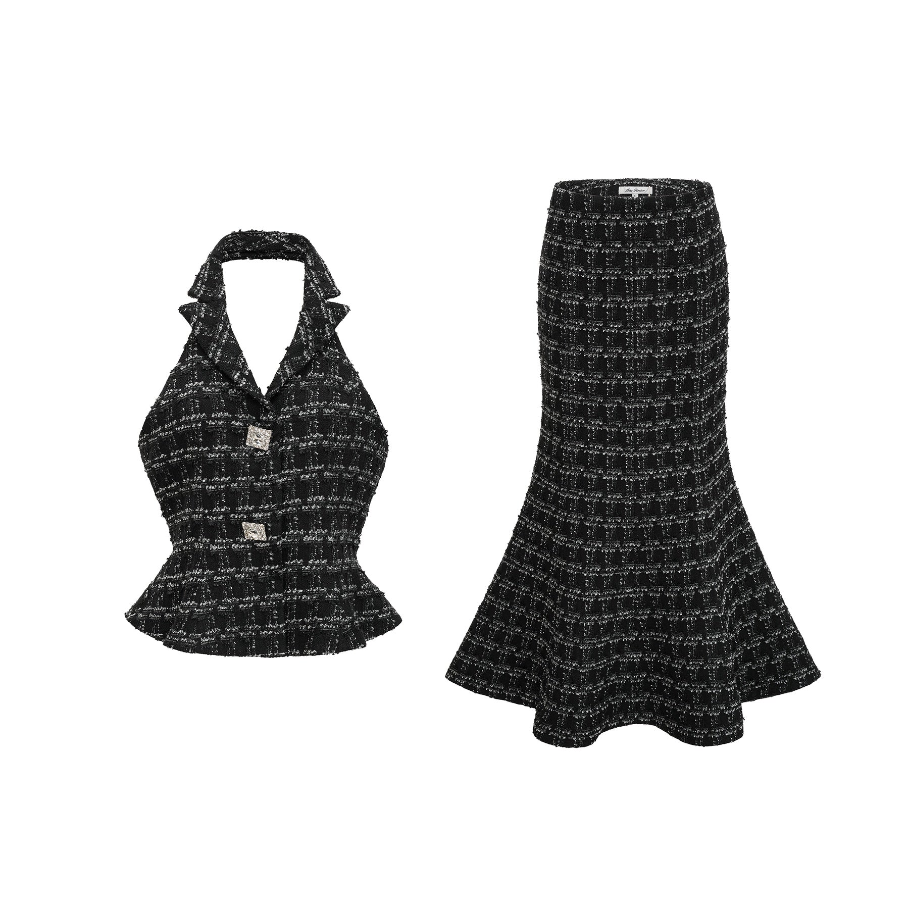 Woman wearing black and white checked tweed vest top and matching skirt set named Axelle