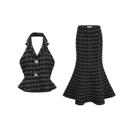 Woman wearing black and white checked tweed vest top and matching skirt set named Axelle