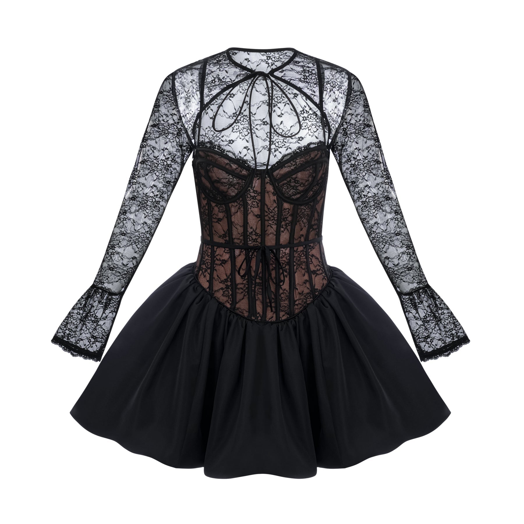 Woman wearing black floral lace vest over matching sleeveless dress with floral lace pattern