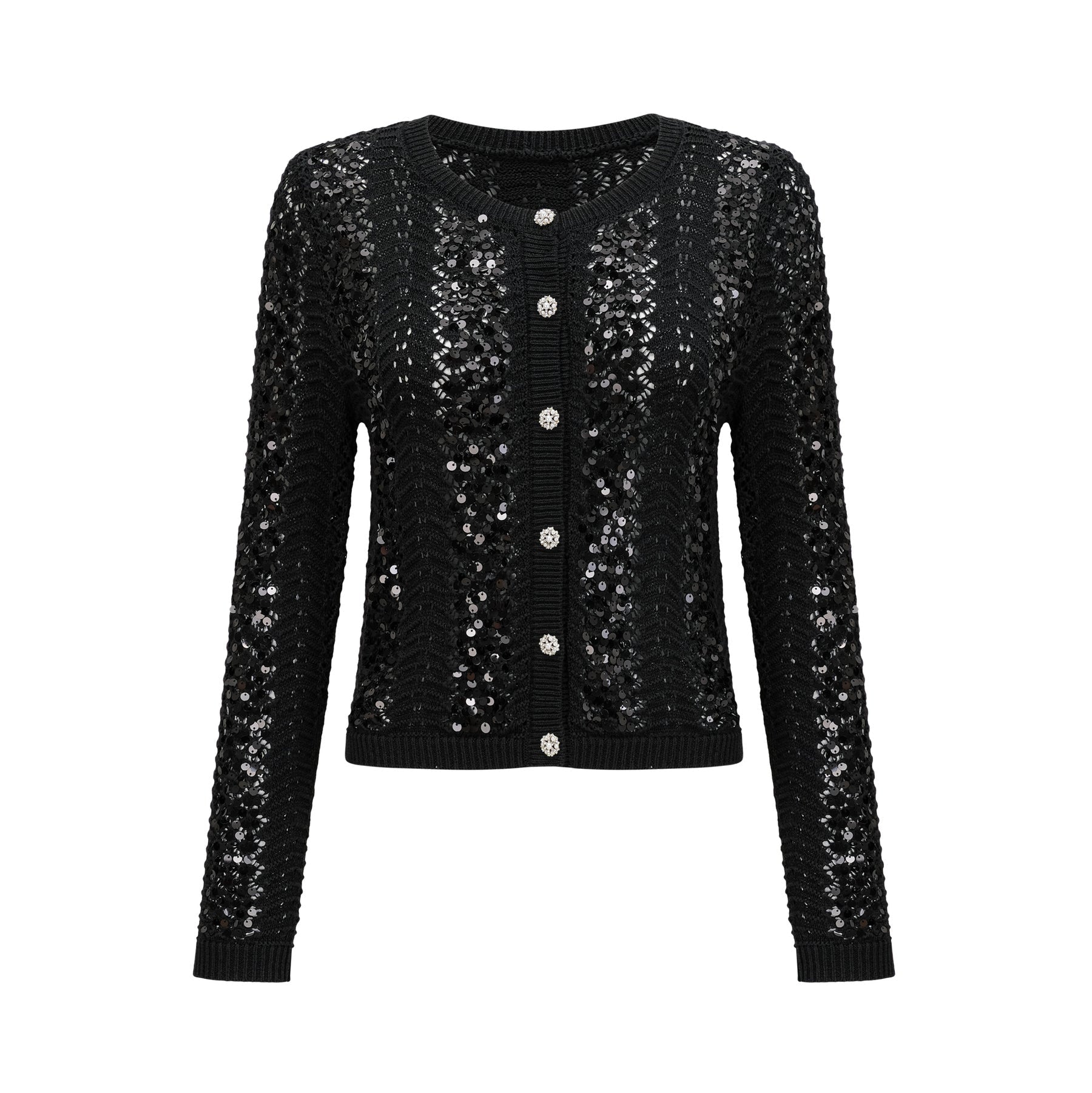 Woman wearing black sequined crochet knit cardigan and matching skirt set