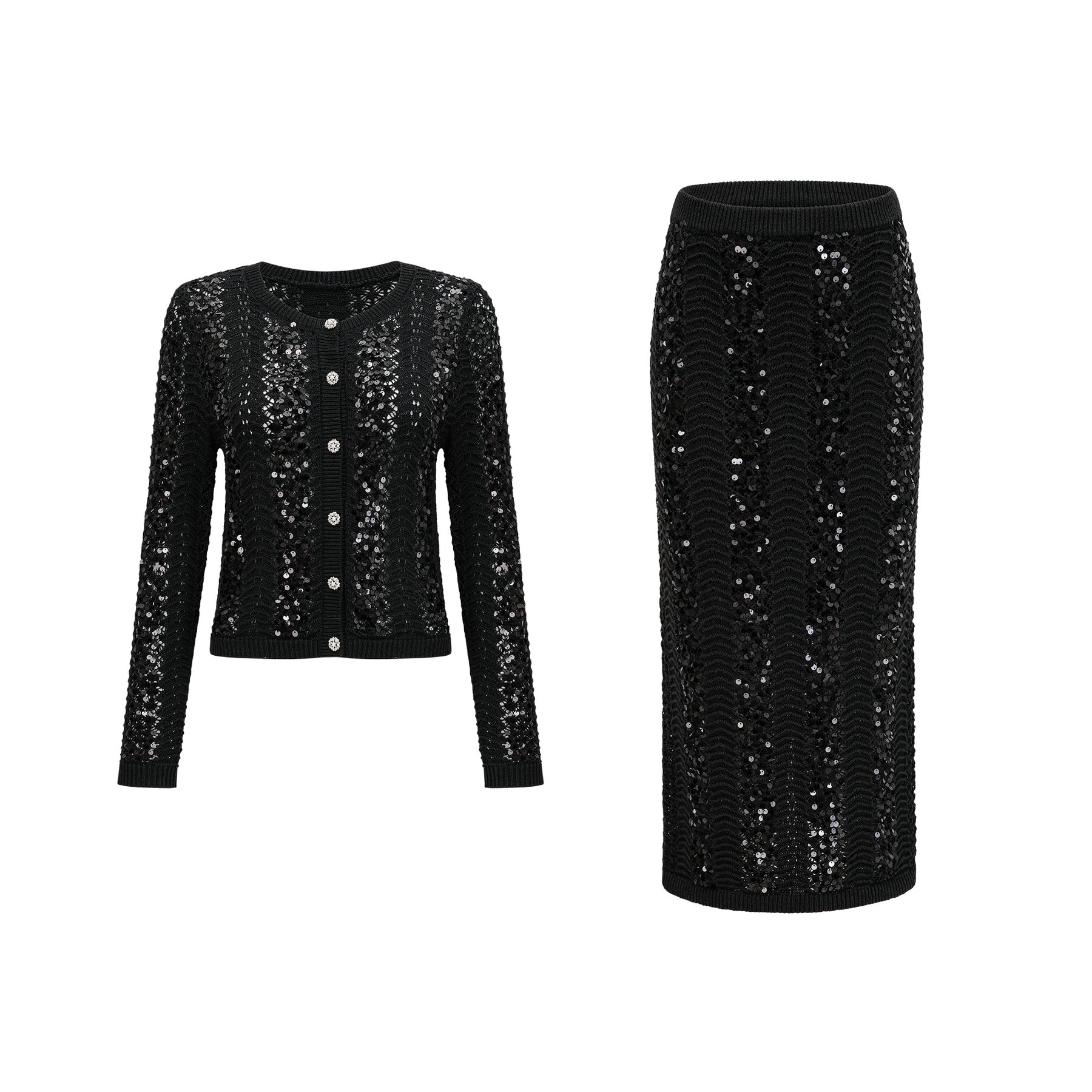 Woman wearing black sequined matching set consisting of crochet knit cardigan and skirt Ophelie design