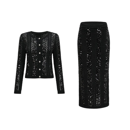 Woman wearing black sequined matching set consisting of crochet knit cardigan and skirt Ophelie design