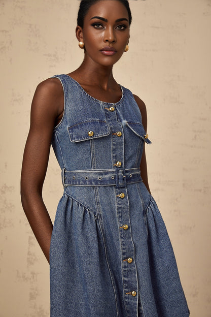 Woman wearing blue denim mini dress with belt cinched at waist standing against plain background