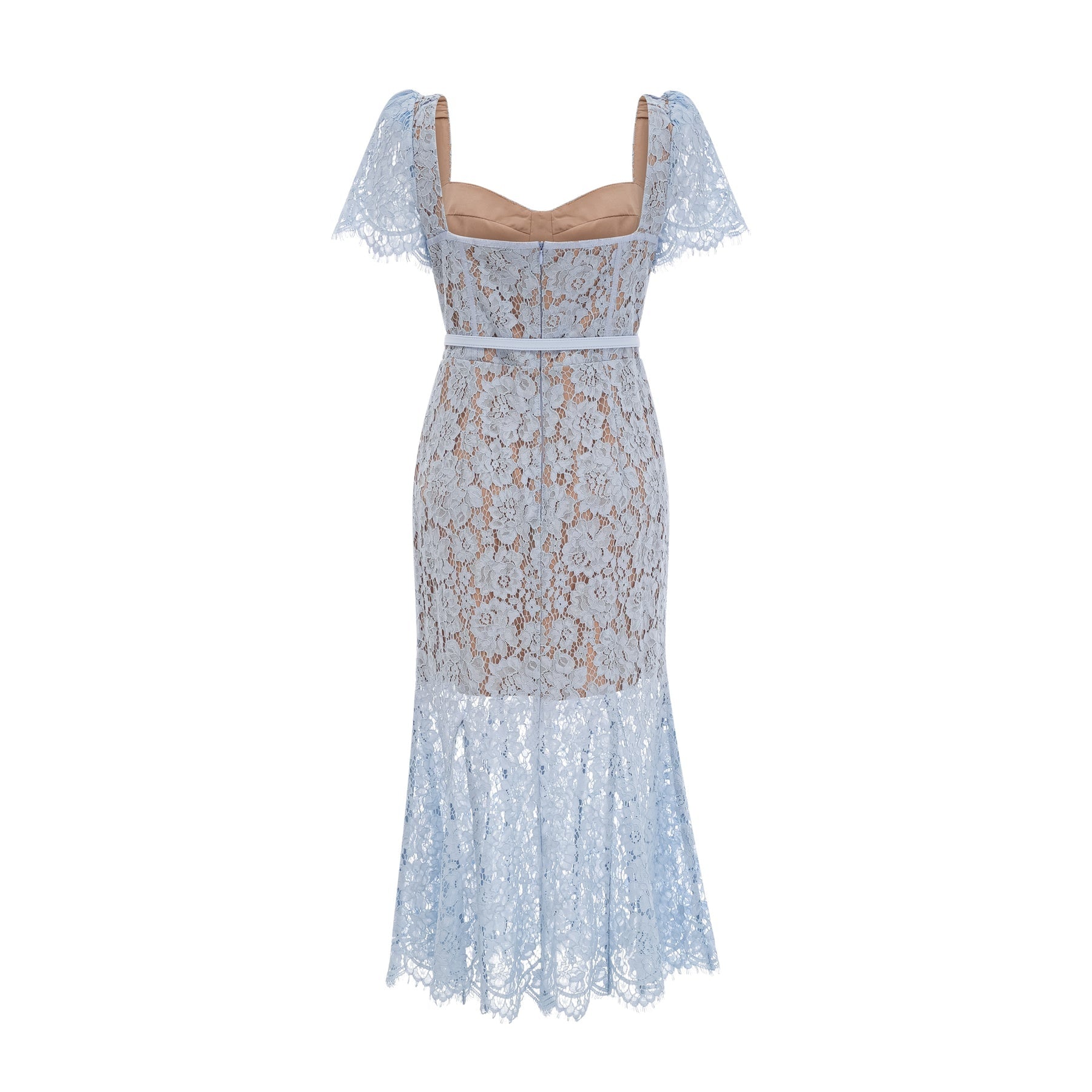 Woman wearing blue floral lace midi dress with boned bodice and fitted silhouette