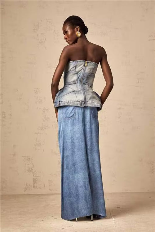 Woman wearing blue off shoulder denim top