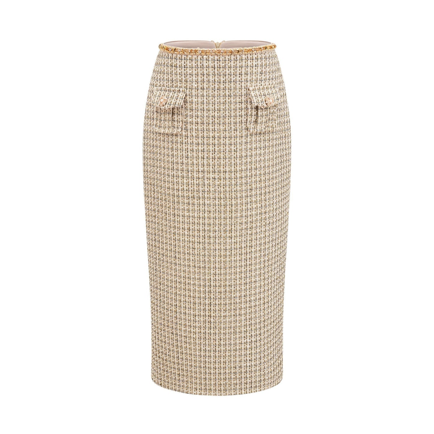 Woman wearing gold tweed jacket and matching skirt with sequin embellishments elegant coordinated outfit set