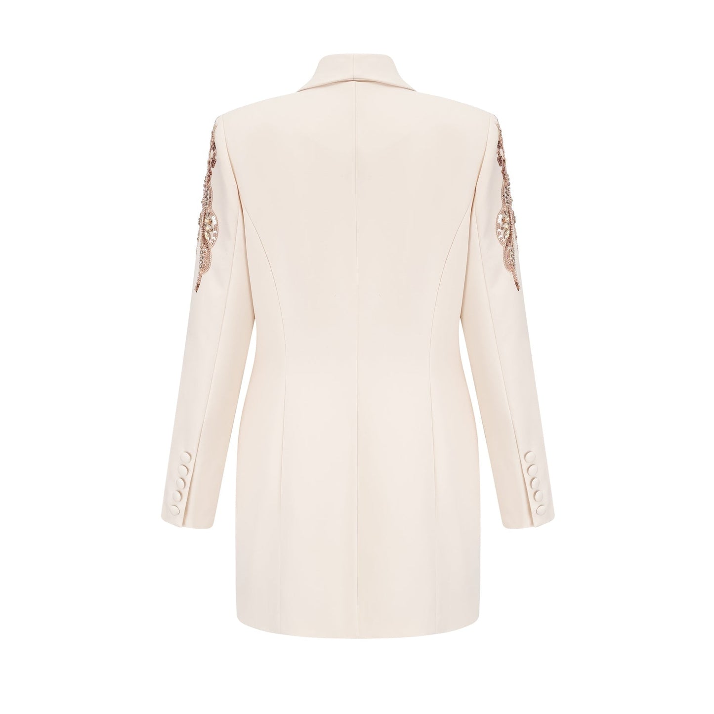 Woman wearing long black blazer dress with sequin embellishments and v neckline