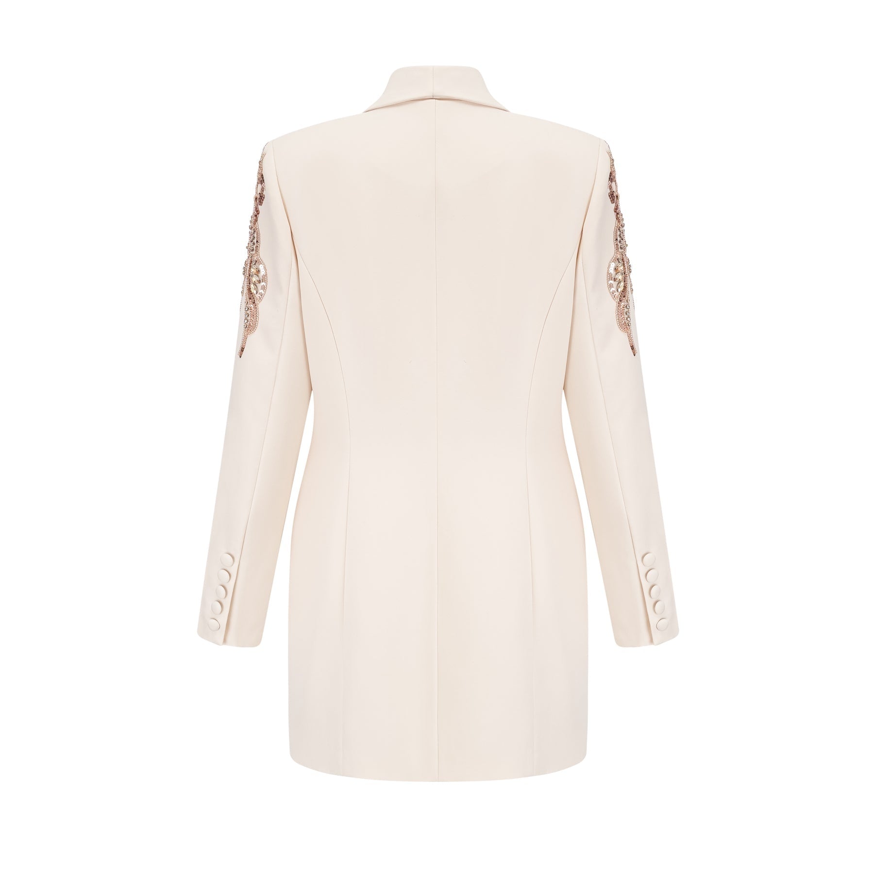 Woman wearing long black blazer dress with sequin embellishments and v neckline