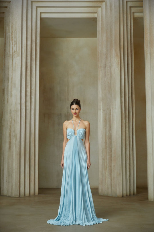 Woman wearing long blue pleated maxi dress with cutout detail standing in relaxed pose