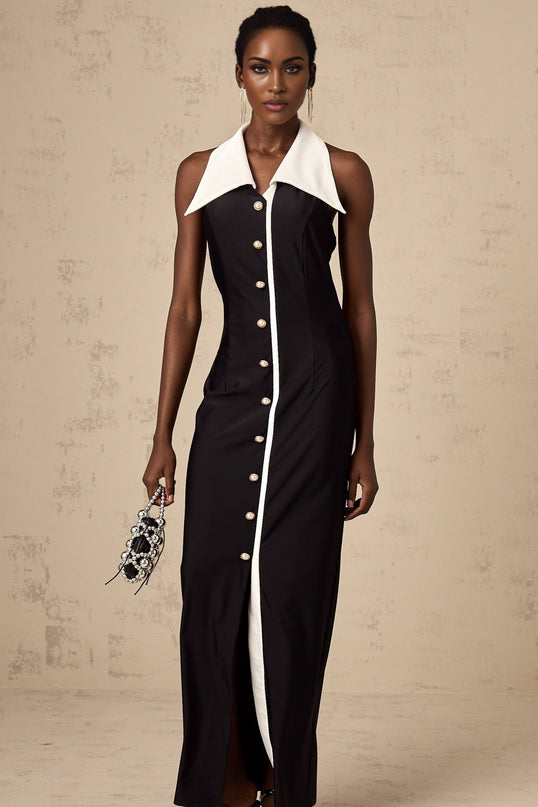 Woman wearing long fitted maxi dress with color block design in contrasting shades