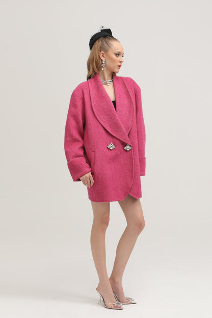 Grey herringbone dress with notched lapels stud embellishments and side flap pockets