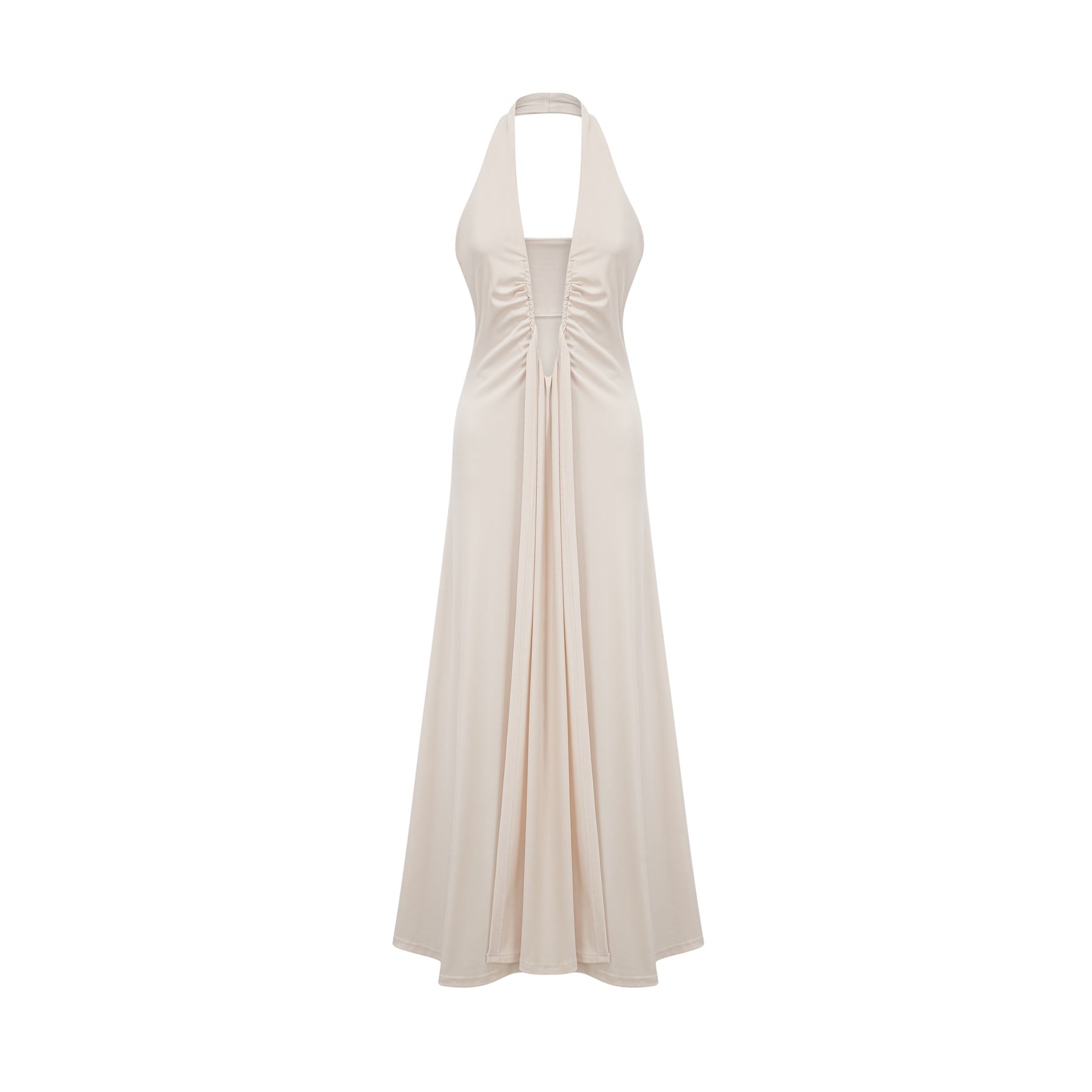Woman wearing long white maxi dress with deep V neckline and draped design
