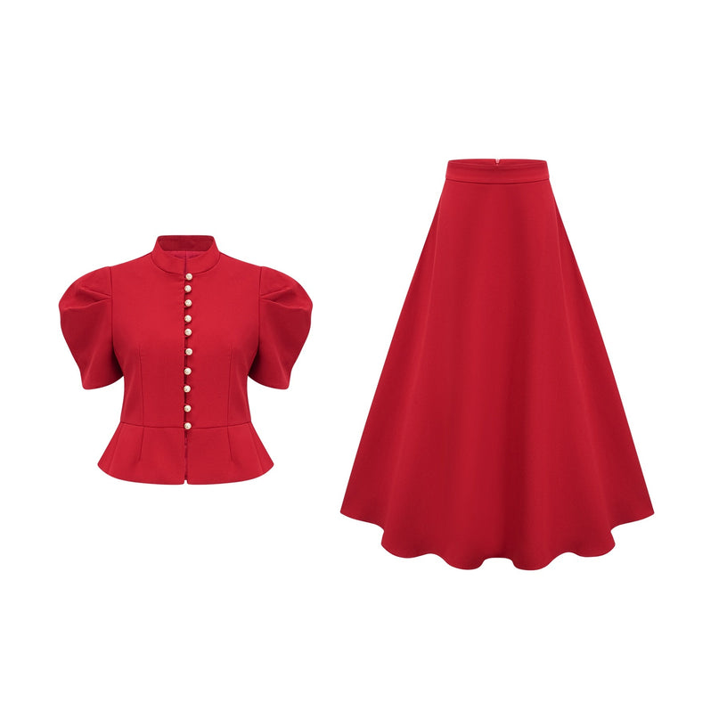Woman wearing red pleated blouse and matching skirt set Colette style outfit
