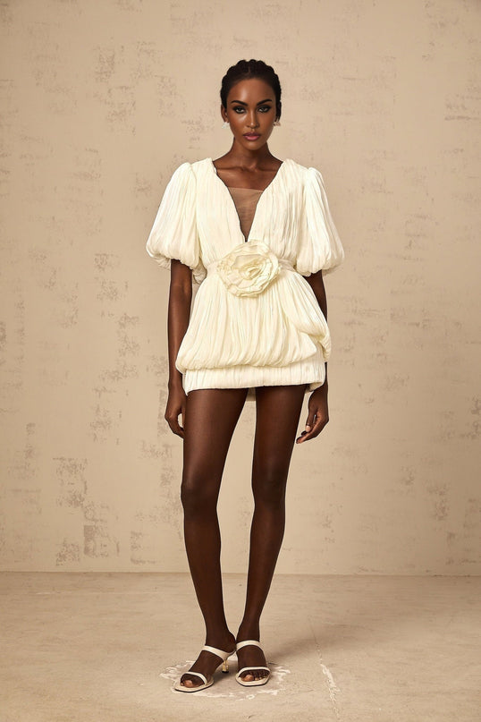 Woman wearing short beige dress with pleated skirt and floral applique details standing against plain background