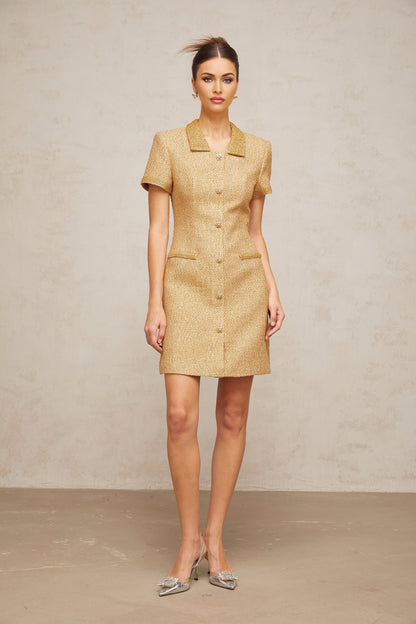 Woman wearing short gold dress with sequins and tweed texture