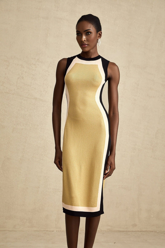 Woman wearing sleeveless knitted midi dress with contrasting color detail