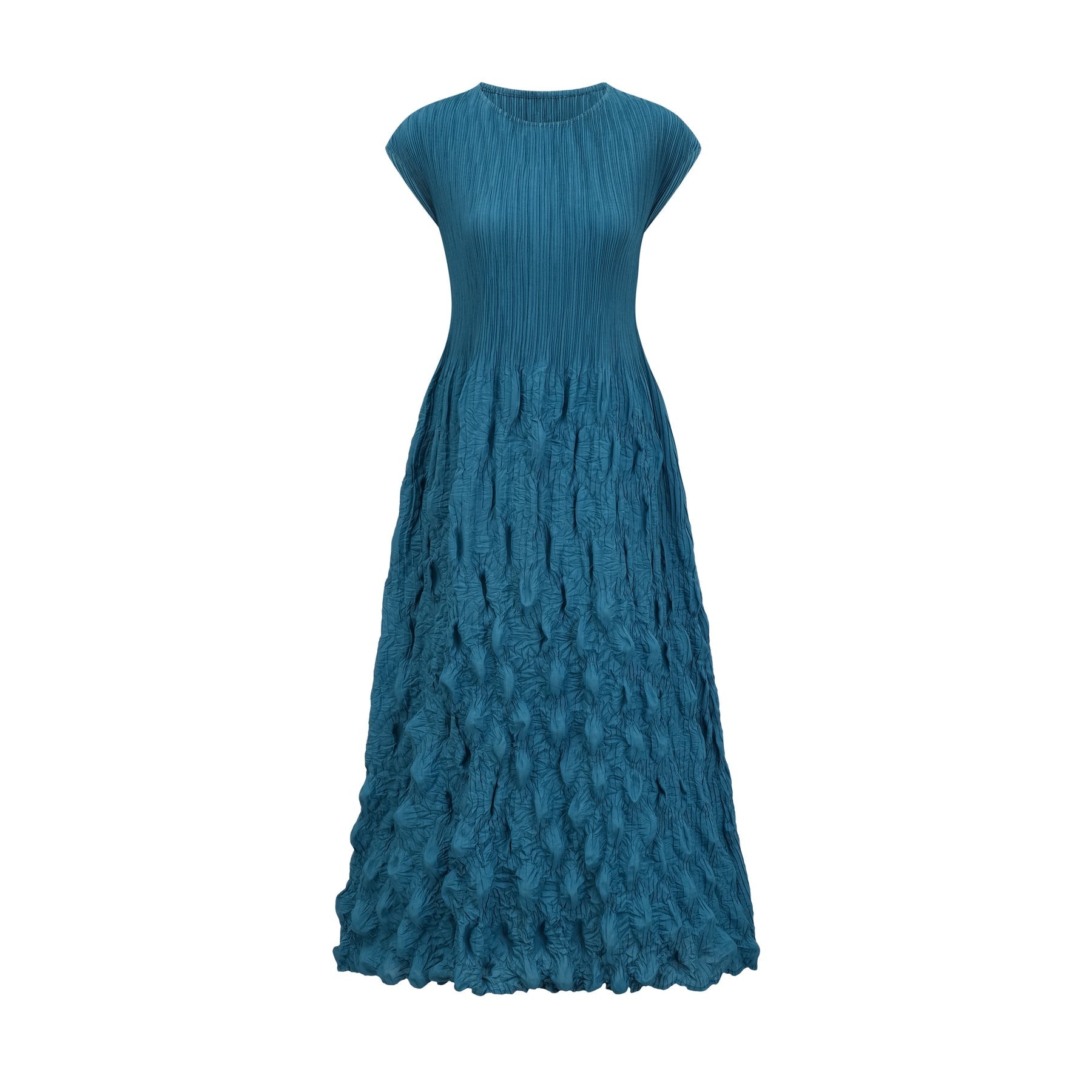 Woman wearing sleeveless midi dress with allover bubble pattern design in light fabric