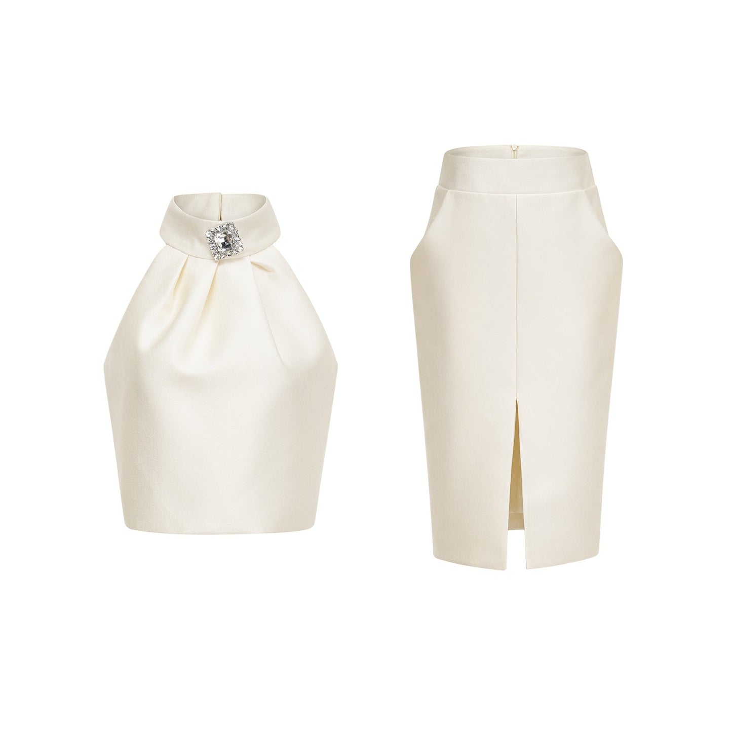 Woman wearing white sleeveless top and matching white skirt standing against plain background