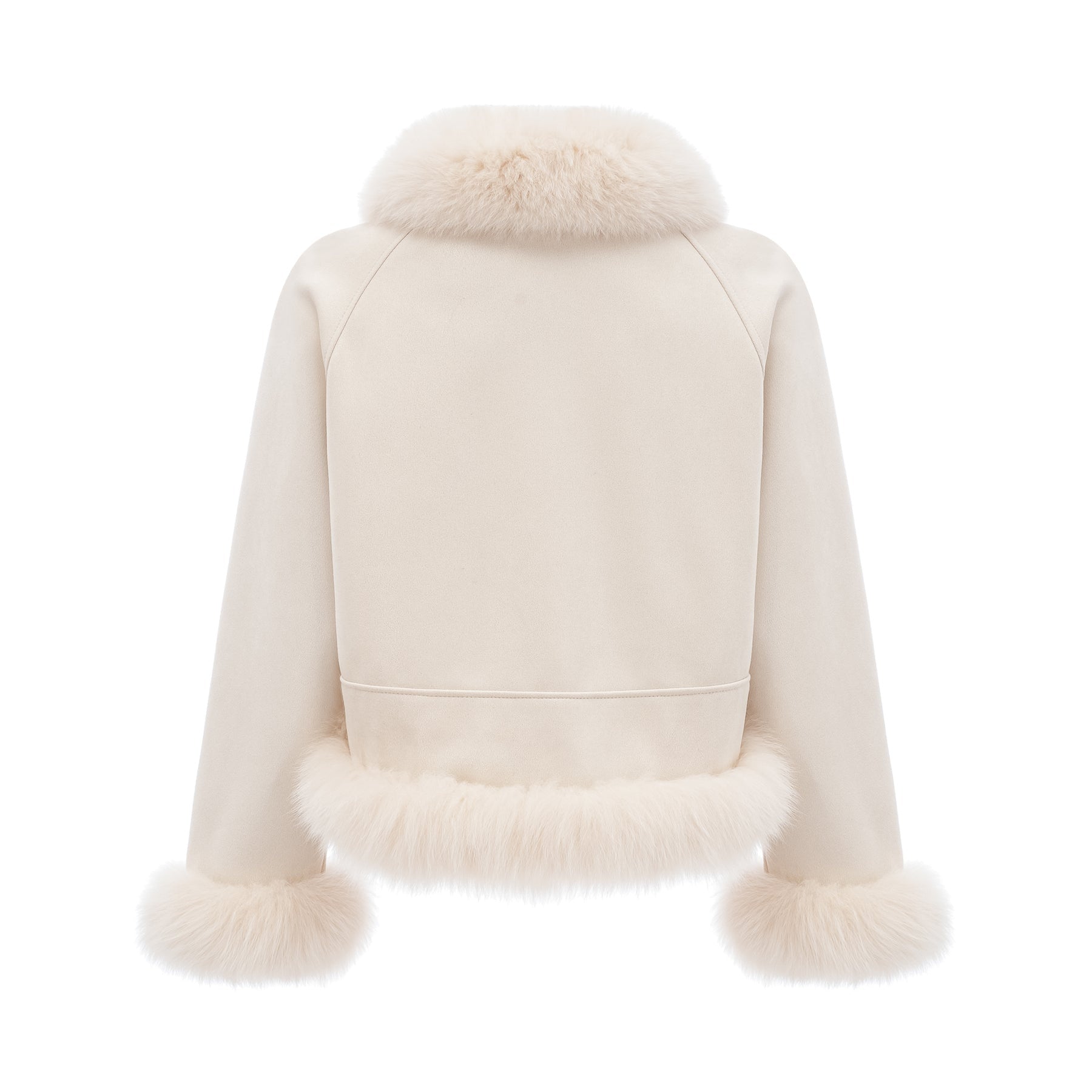 Woman wearing white suede short coat with fur trim and padded design standing against plain background