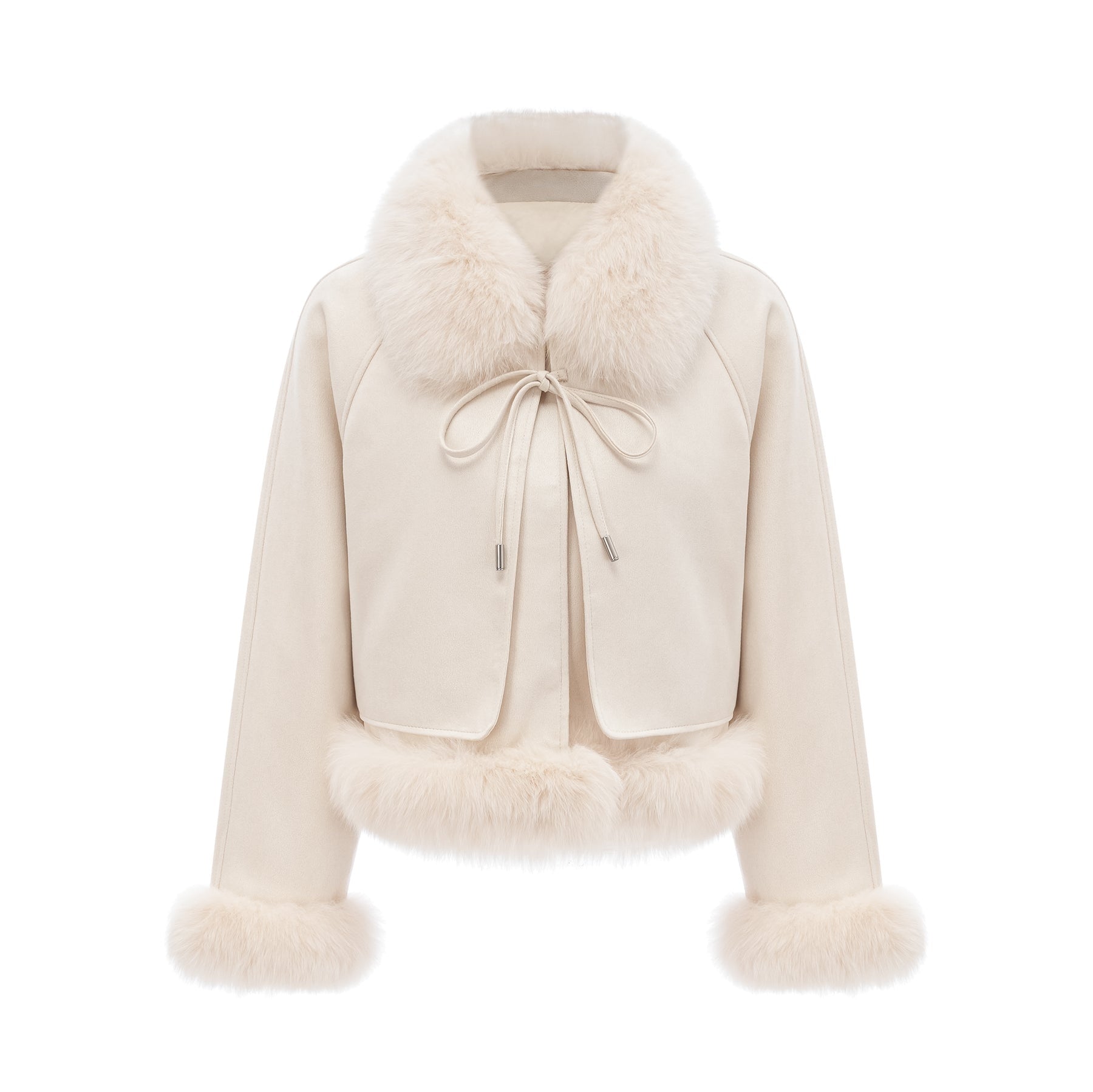 Woman wearing white suede short coat with fur trim and padded design