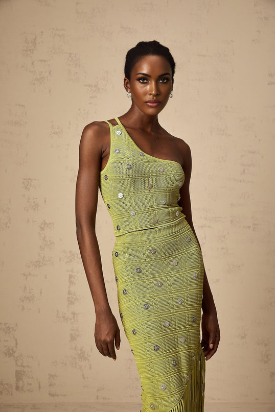 Womans green knit top and skirt set with embellishments Annette style matching outfit