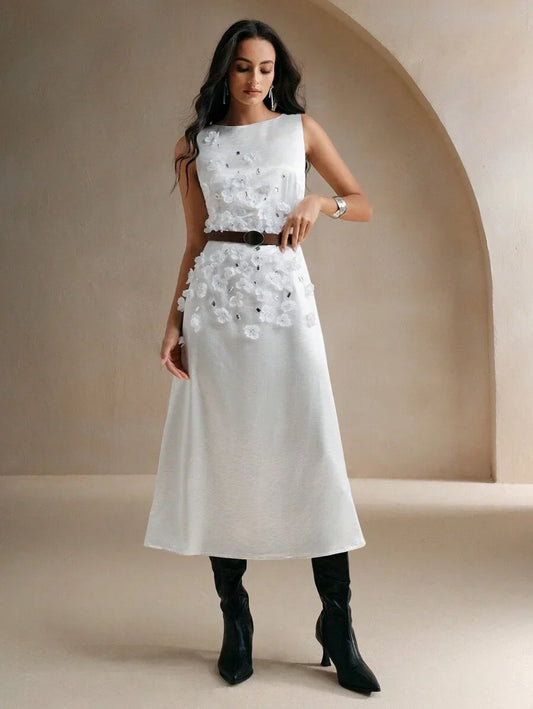 Women 3D Flower Decor Satin Long Dress Round Neck Sleeveless Elegant Dress