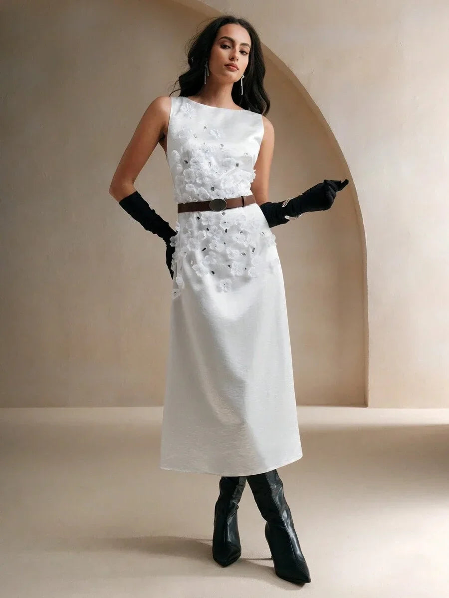 Women 3D Flower Decor Satin Long Dress Round Neck Sleeveless Elegant Dress
