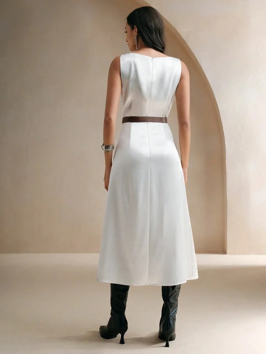 Women 3D Flower Decor Satin Long Dress Round Neck Sleeveless Elegant Dress