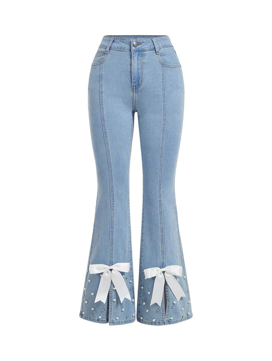 Women Beaded Bow Decoration Split Flared Denim Jeans