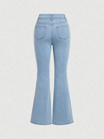 Women Beaded Bow Decoration Split Flared Denim Jeans