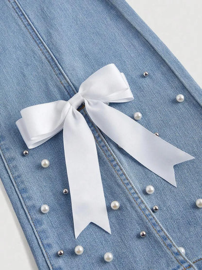 Women Beaded Bow Decoration Split Flared Denim Jeans