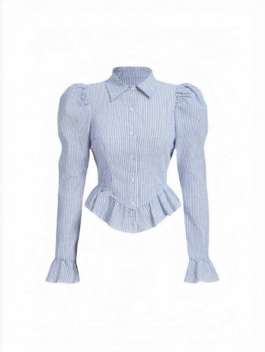 Blue striped puff sleeve blouse with ruffles and a tailored fit