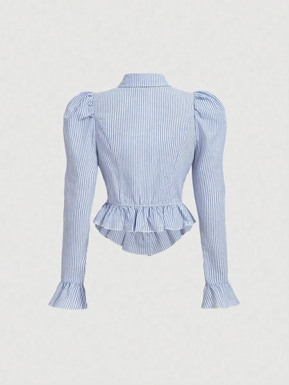 Women Blue Striped Long Sleeve BlouseButton Up Women ShirtFall ShirtsFall Blouses