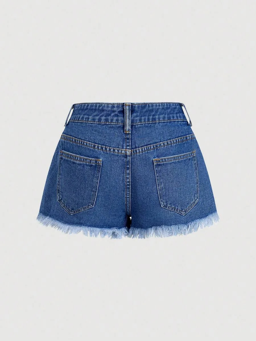 Women BowTie Decor Fringe Hem Pocket Casual Denim Shorts