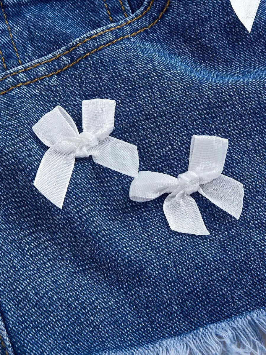 Women BowTie Decor Fringe Hem Pocket Casual Denim Shorts