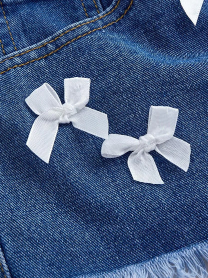 Women BowTie Decor Fringe Hem Pocket Casual Denim Shorts