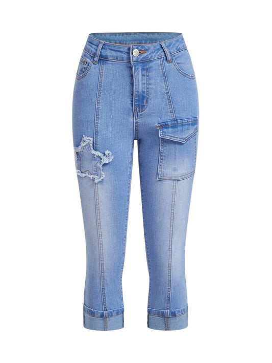 Women Button Belt Loop FivePointed Star Raw Edge Design Slim Fit Jeans