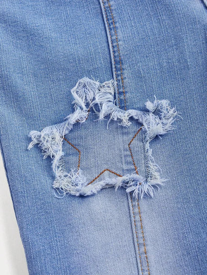 Women Button Belt Loop FivePointed Star Raw Edge Design Slim Fit Jeans
