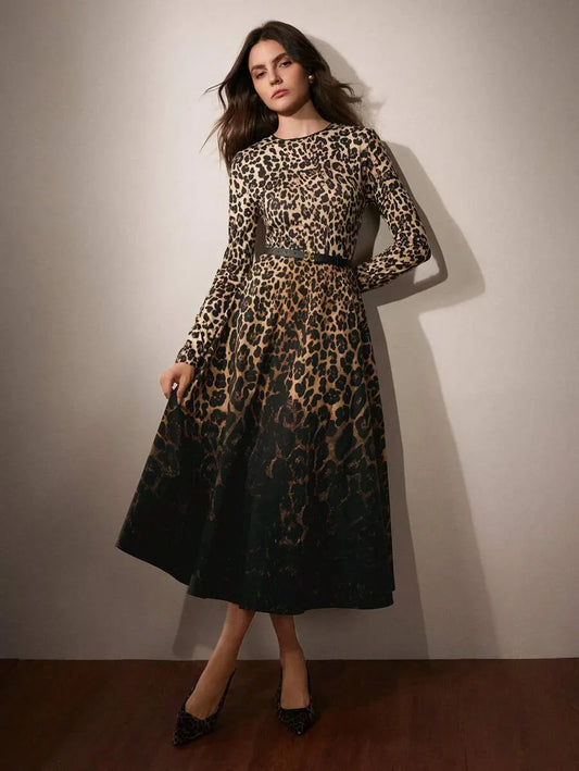 Women Casual Chic Leopard Print Long Sleeve Dress Maxi Women Outfit