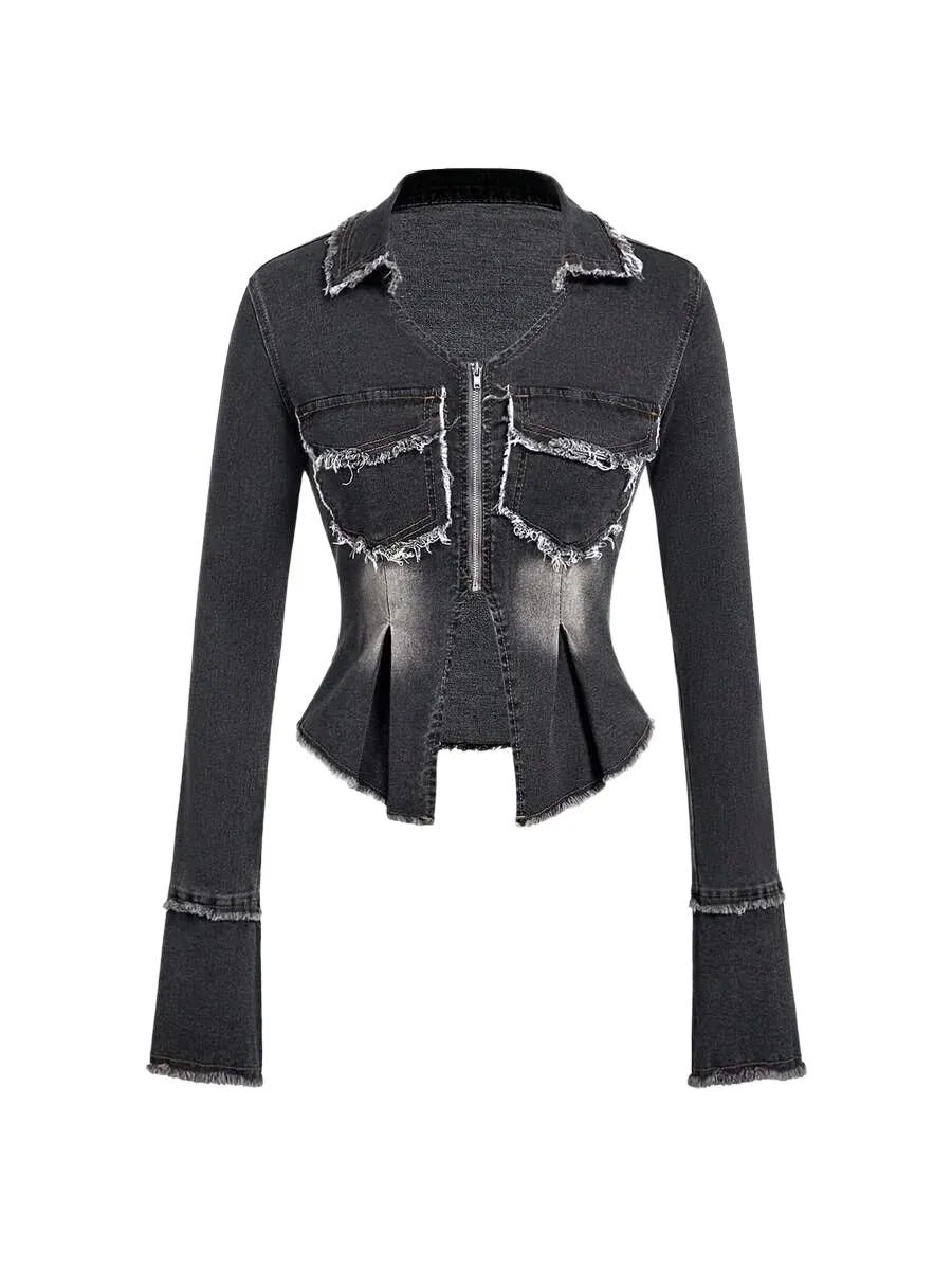 Women Casual Denim Jacket With Fringe Patchwork And Pleated Hem Long Sleeve Autumn