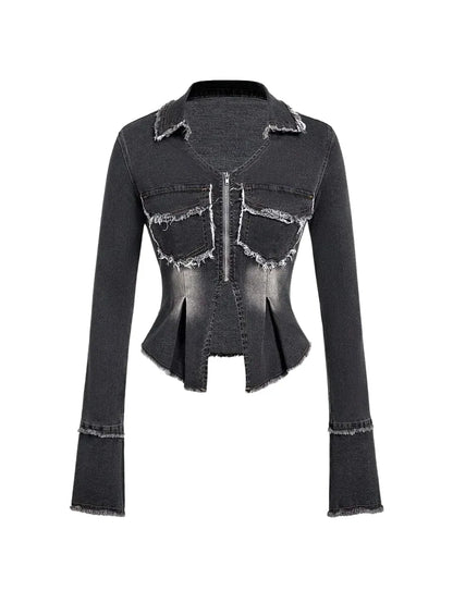Women Casual Denim Jacket With Fringe Patchwork And Pleated Hem Long Sleeve Autumn