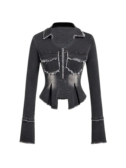 Women Casual Denim Jacket With Fringe Patchwork And Pleated Hem Long Sleeve Autumn