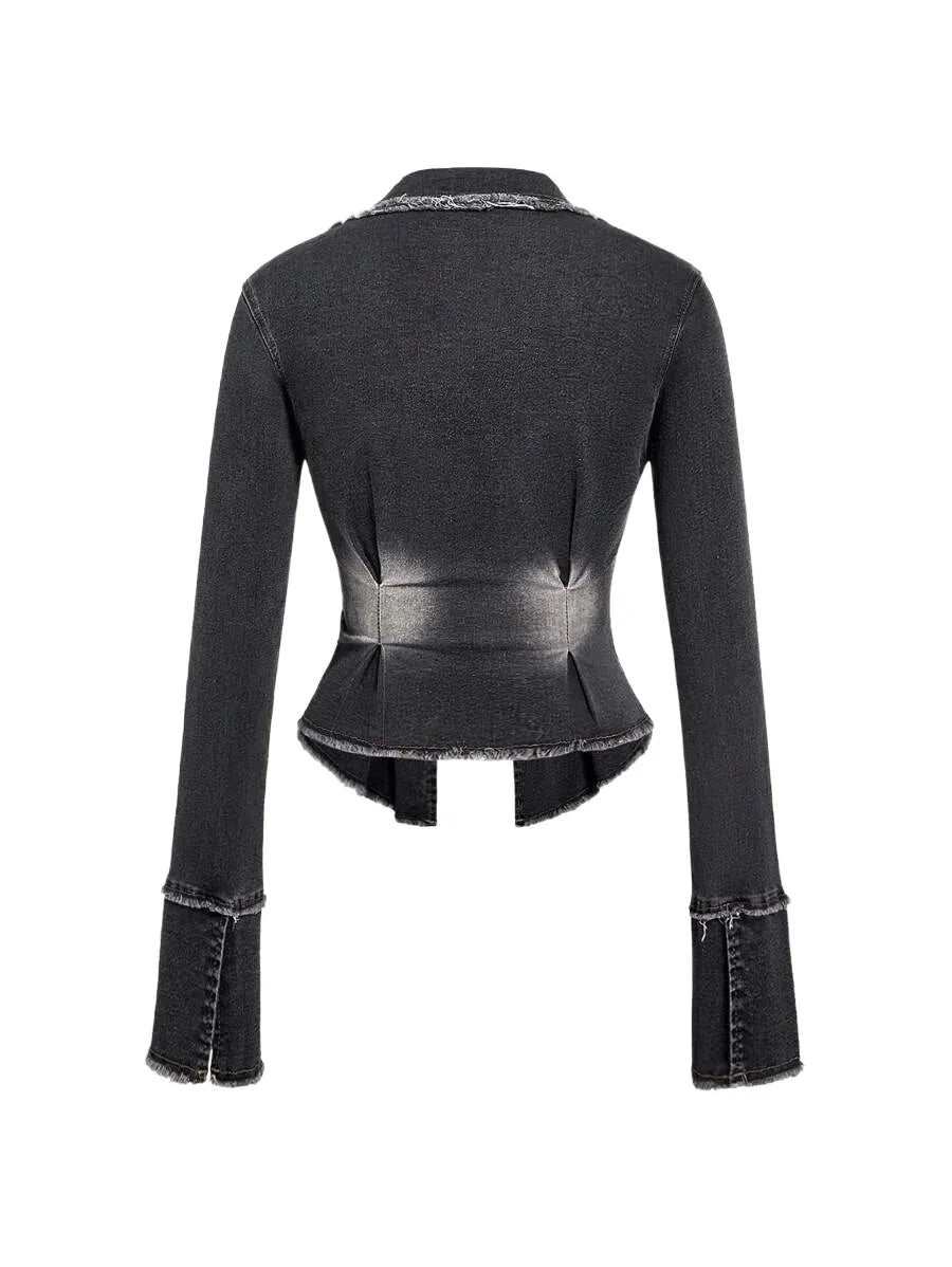 Women Casual Denim Jacket With Fringe Patchwork And Pleated Hem Long Sleeve Autumn