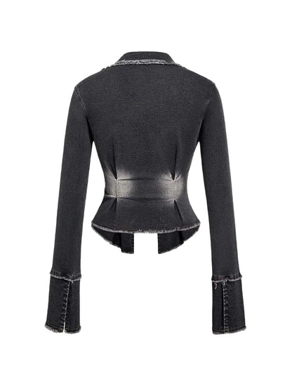 Women Casual Denim Jacket With Fringe Patchwork And Pleated Hem Long Sleeve Autumn