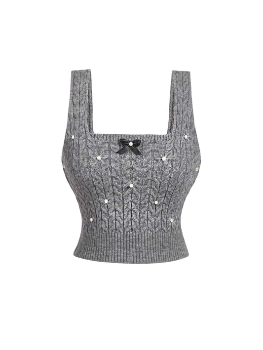 Women Casual Knitted Bowknot Faux Pearl Decorated TopValentine Day Sweater