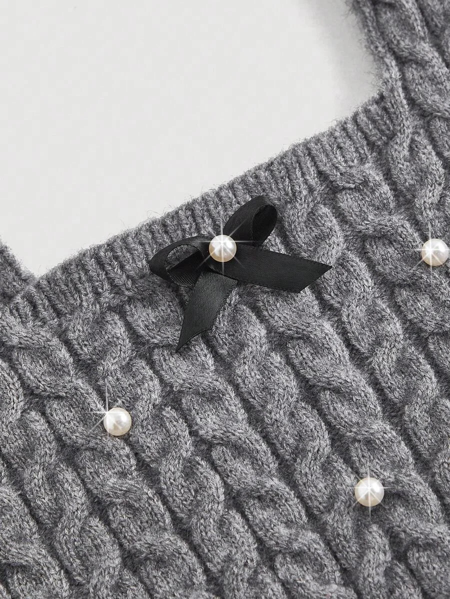 Women Casual Knitted Bowknot Faux Pearl Decorated TopValentine Day Sweater