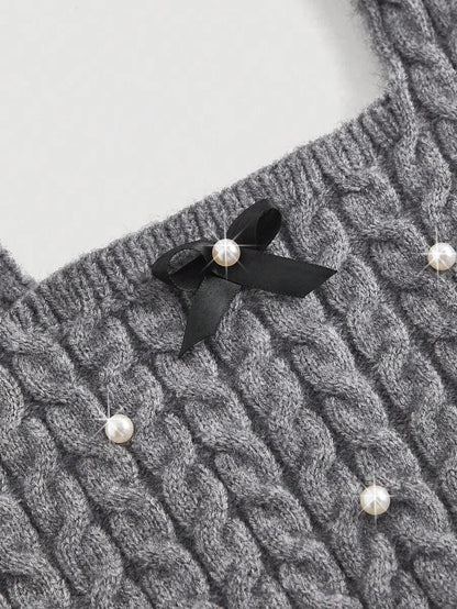 Women Casual Knitted Bowknot Faux Pearl Decorated TopValentine Day Sweater