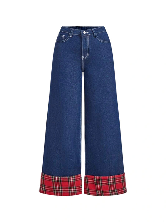 Women Casual Loose Patchwork Straight Leg Blue Jeans