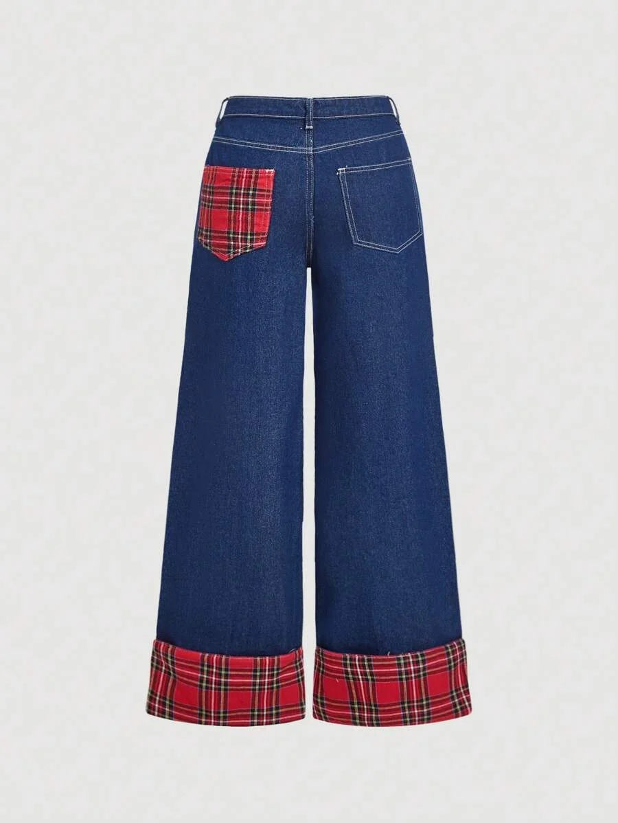 Women Casual Loose Patchwork Straight Leg Blue Jeans