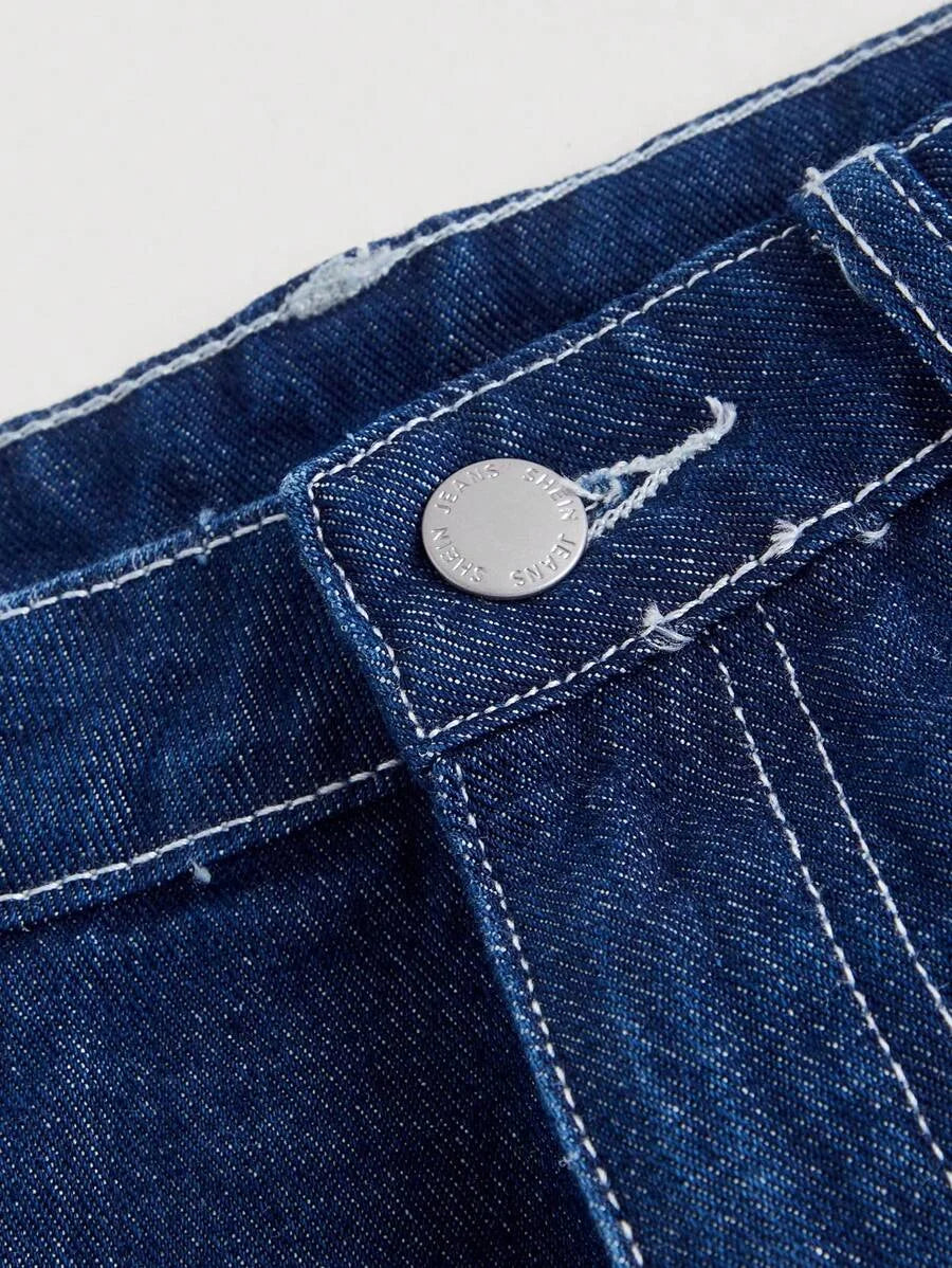 Women Casual Loose Patchwork Straight Leg Blue Jeans